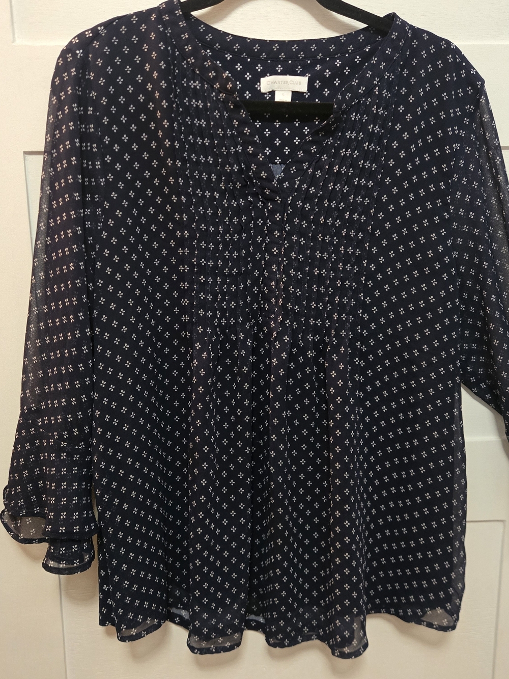 Charter Club Navy and White Printed Blouse